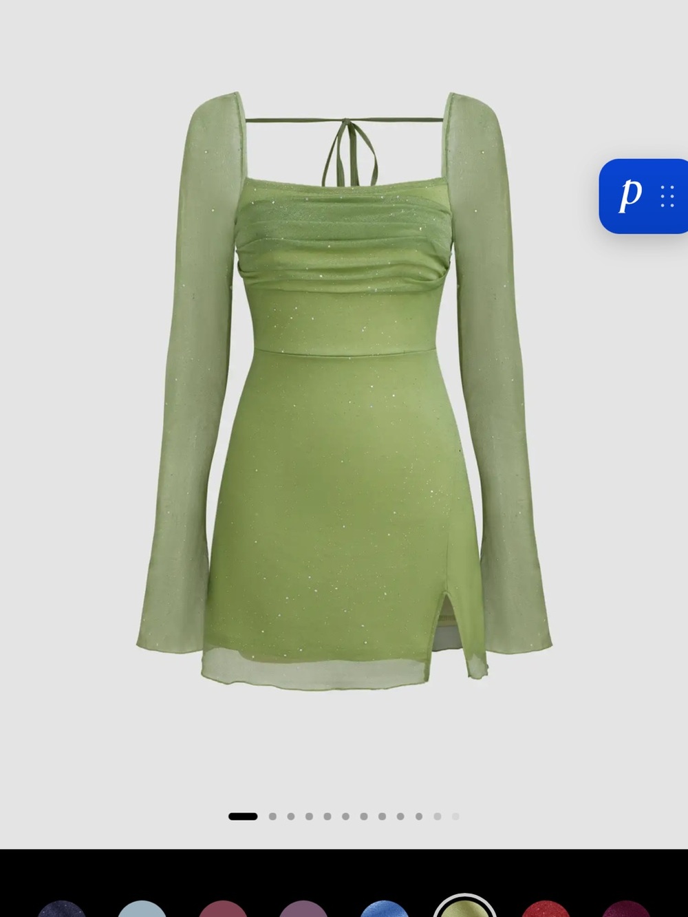Cider Square Neck Light Green Mini Dress with Long Sheer Sleeves
